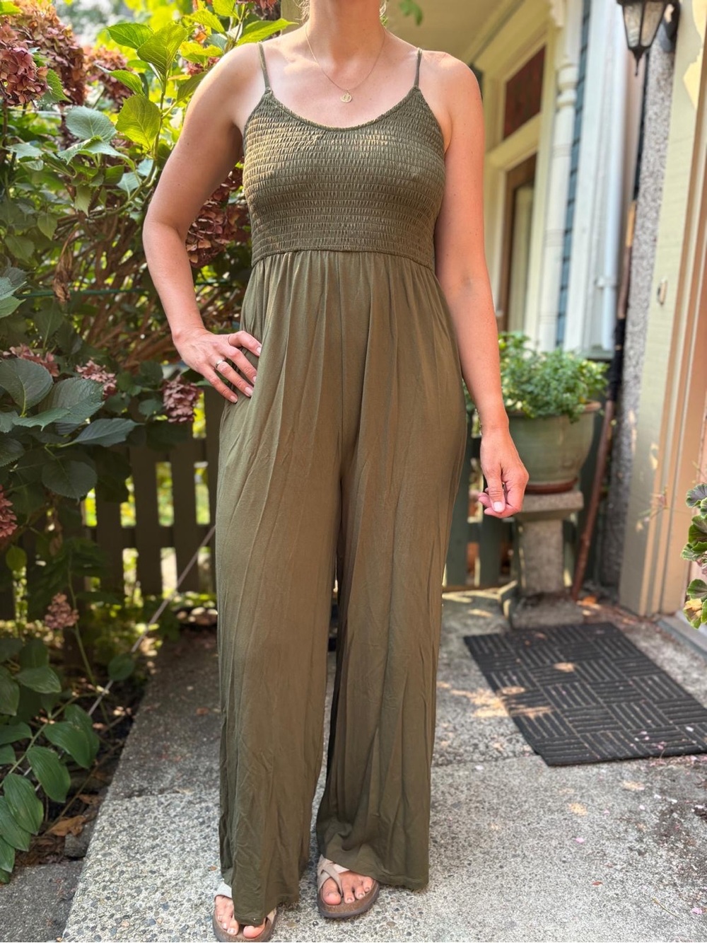 twik Olive Green Smocked Wide-Leg Jumpsuit